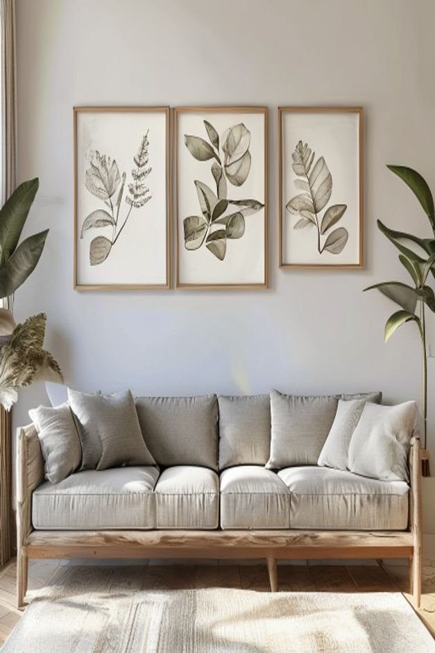 A long low sofa with a series of four identically framed botanical prints hung in a single horizontal line above it The