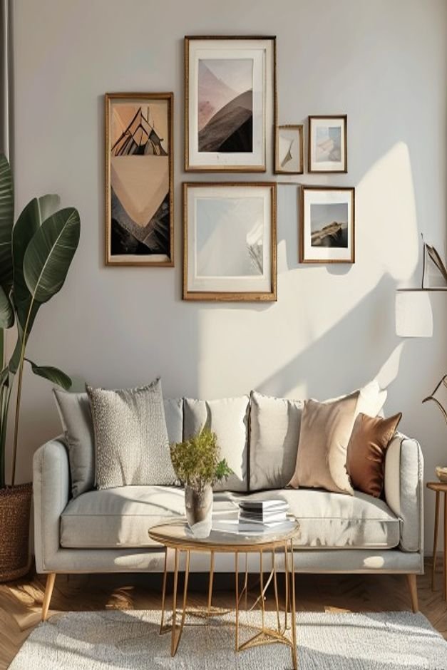 A curated gallery wall above a sofa featuring a mix of framed photographs a small round mirror and a geometric metal scu