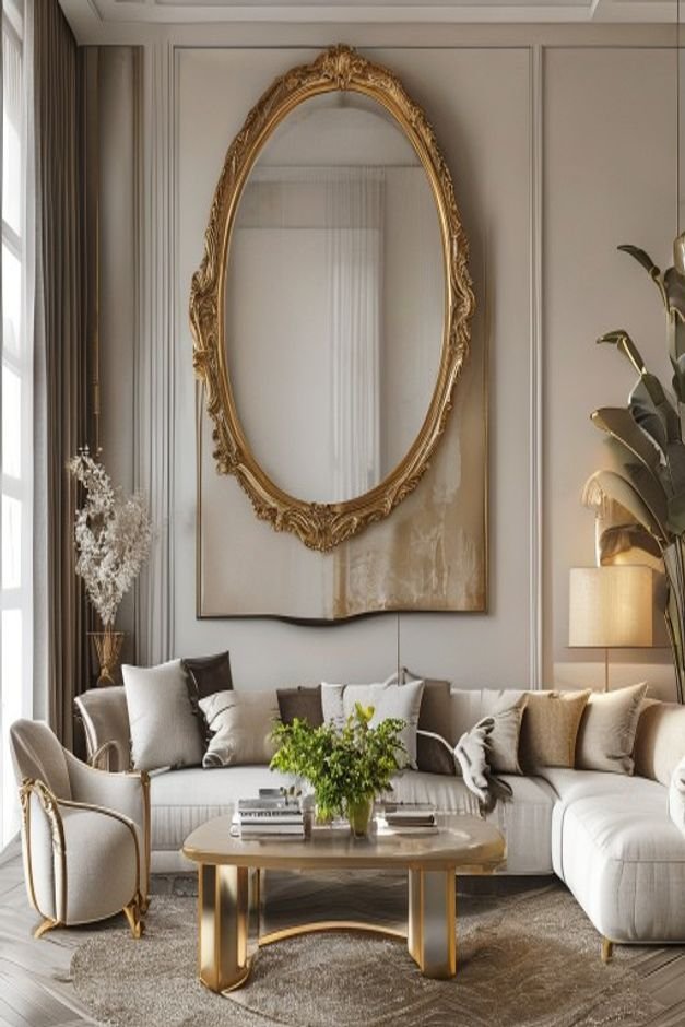 A contemporary living room with a large decorative mirror with a detailed perhaps brushed gold frame hung centrally abov