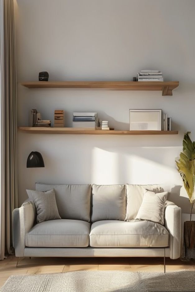 A modern living room with two long minimalist floating shelves mounted above a sofa The shelves display a mix of small p