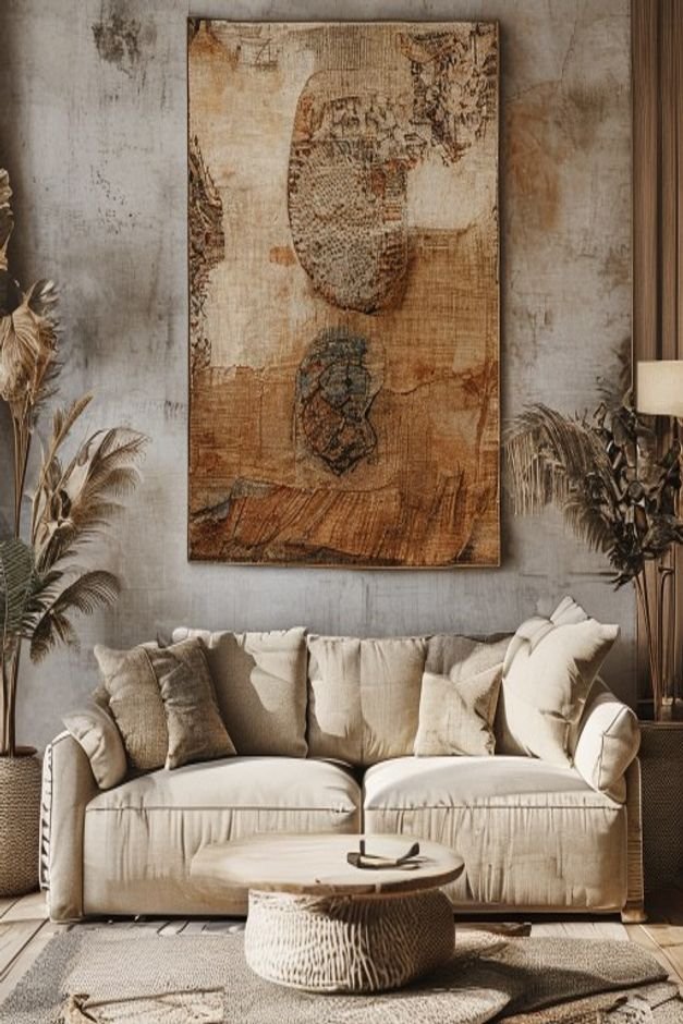 A cozy living room featuring a large textured textile art piece or a woven tapestry in earthy tones hung above the sofa