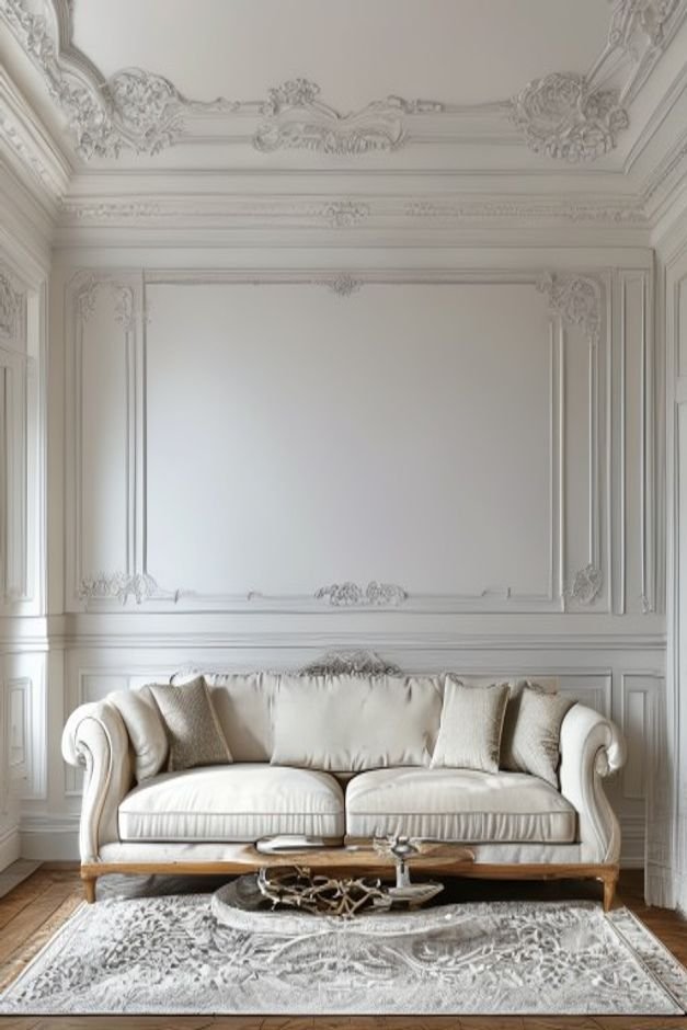 A classic living room with intricate white wall molding or wainscoting behind the sofa The space above the sofa is enhan