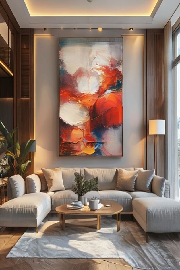 A wide-angle shot of a living room focusing on a large piece of abstract art perfectly centered above a three-seater sof