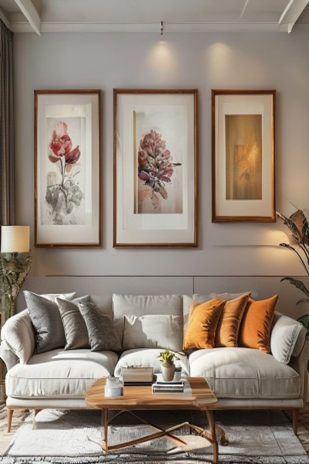A living room with a sofa and three distinct but visually connected framed art pieces above it Two pieces are similar in