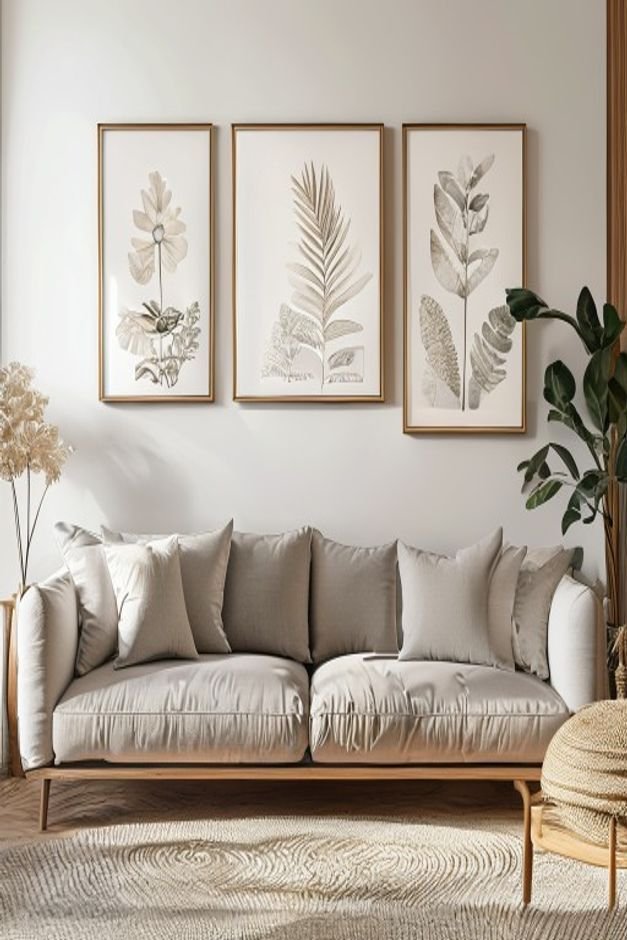 A long low sofa with a series of four identically framed botanical prints hung in a single horizontal line above it The