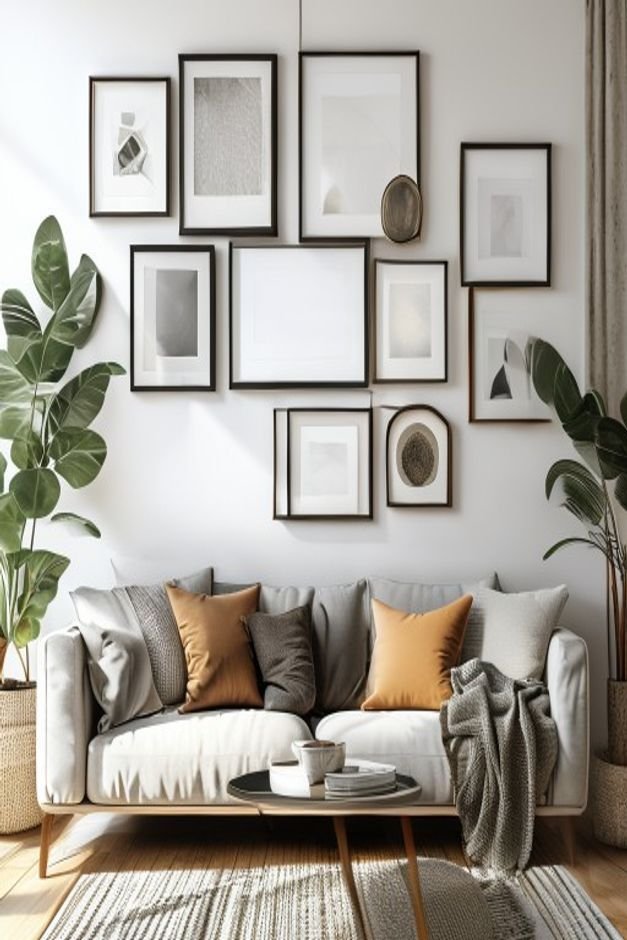 A curated gallery wall above a sofa featuring a mix of framed photographs a small round mirror and a geometric metal scu
