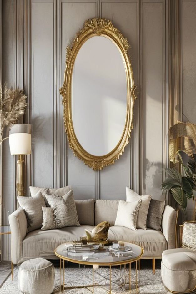 A contemporary living room with a large decorative mirror with a detailed perhaps brushed gold frame hung centrally abov