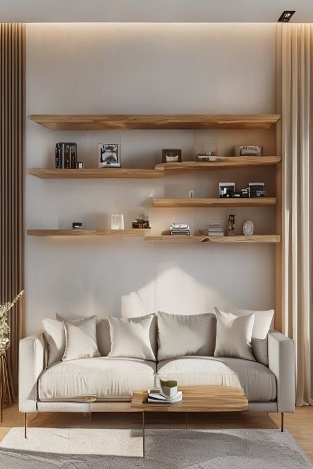 A modern living room with two long minimalist floating shelves mounted above a sofa The shelves display a mix of small p