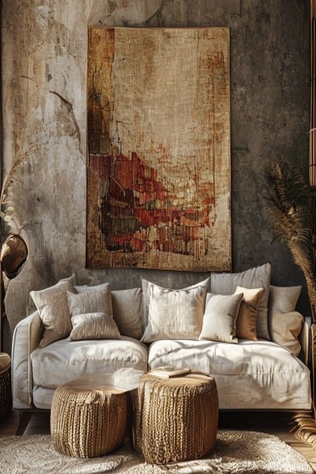 A cozy living room featuring a large textured textile art piece or a woven tapestry in earthy tones hung above the sofa