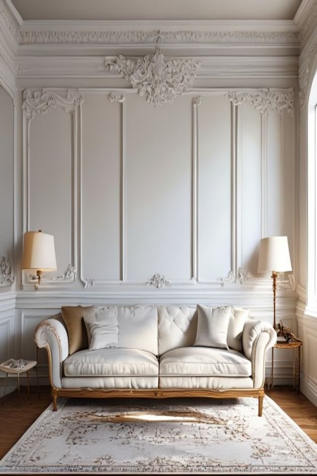 A classic living room with intricate white wall molding or wainscoting behind the sofa The space above the sofa is enhan