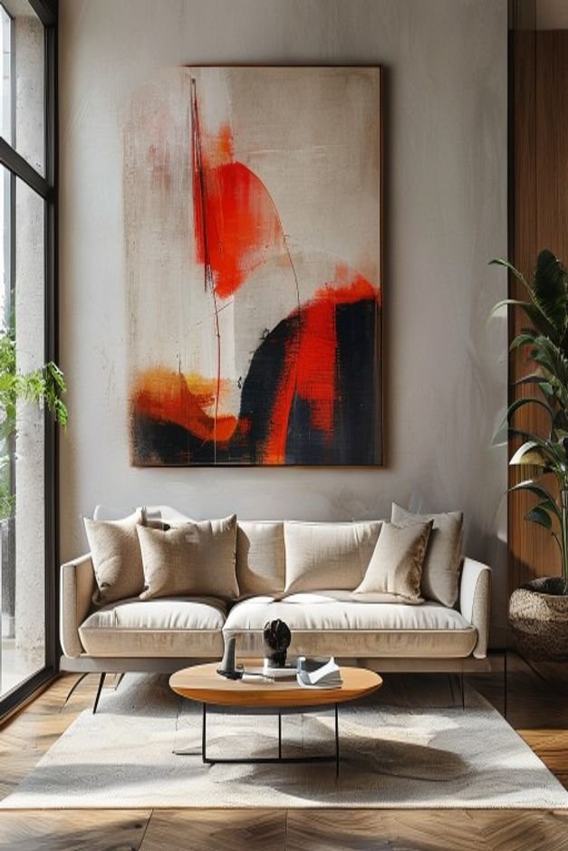 A wide shot of a contemporary living room Above a mid-century modern sofa a large piece of abstract art is hung signific