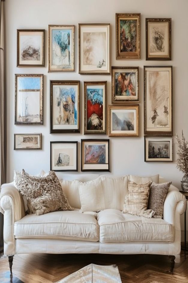A gallery wall above a classic cream linen sofa displaying a chaotic mix of mismatched frames disparate art styles e g a