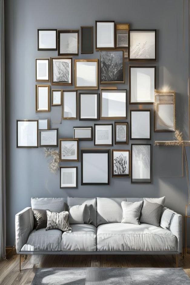 A tightly packed gallery wall above a contemporary grey sofa with too many frames of varying sizes crammed together leav