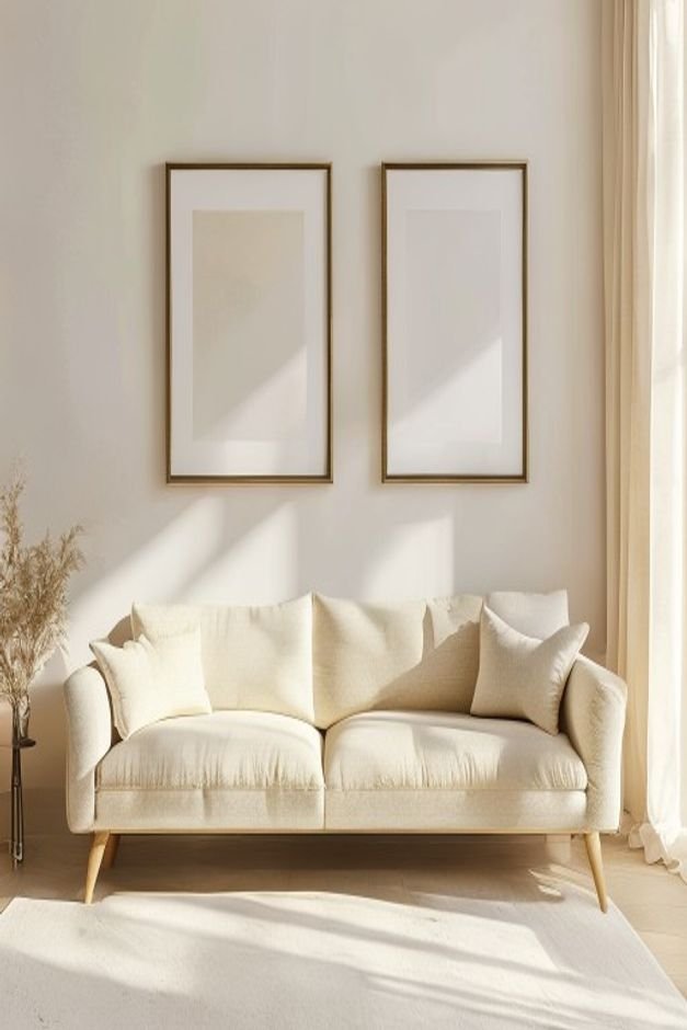 A long light-colored sofa against a spacious light-filled wall Above it two very small identical framed prints are space