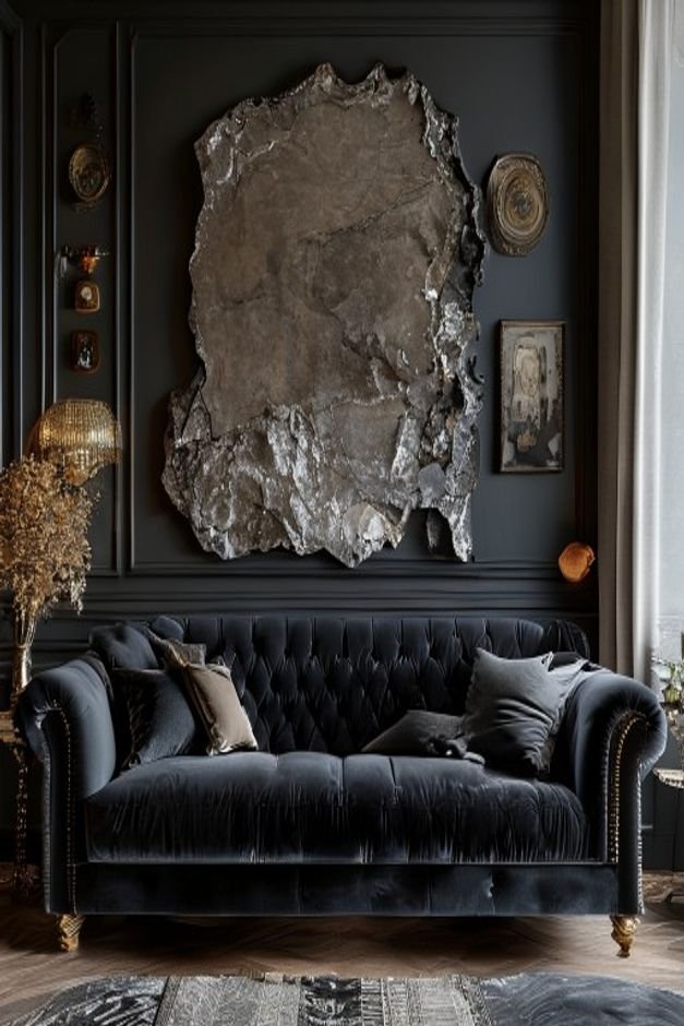 An irregularly arranged collection of wall decor above a dark velvet sofa One side features a heavy dark large piece whi