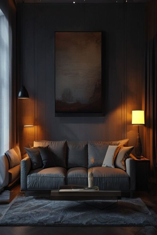 A dimly lit living room with a comfortable sofa Above the sofa a wall art piece is poorly illuminated by a harsh direct