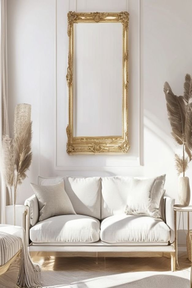 A traditional ornate gold-framed mirror hung directly above a sleek minimalist modern sofa in a bright white living room