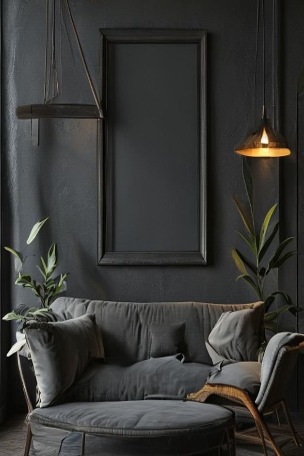 A close-up shot of a small solitary framed picture hanging noticeably too high above a large deep charcoal grey three-se