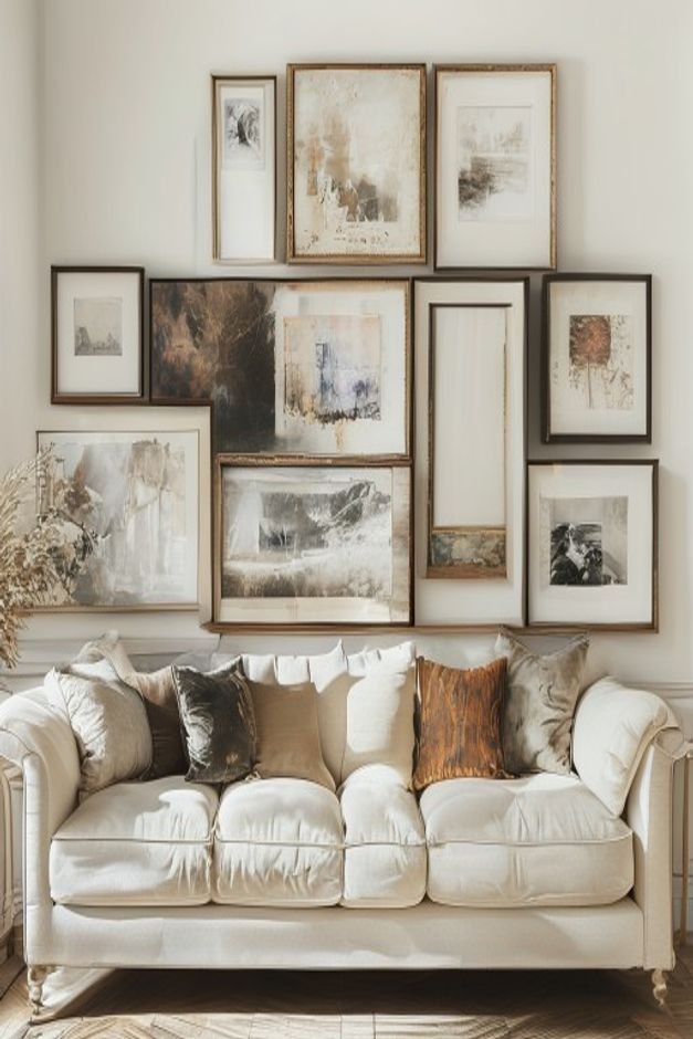 A gallery wall above a classic cream linen sofa displaying a chaotic mix of mismatched frames disparate art styles e g a