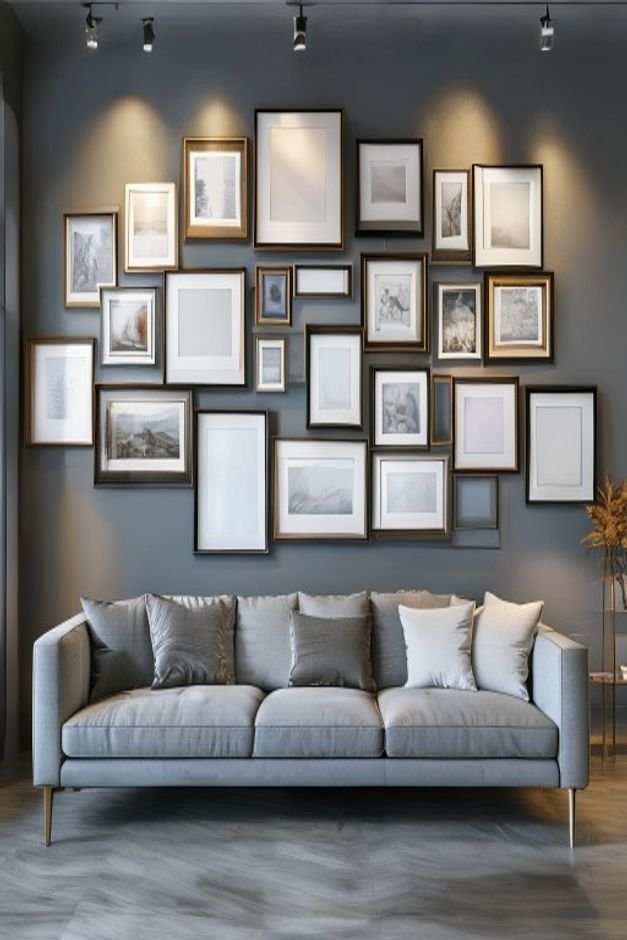 A tightly packed gallery wall above a contemporary grey sofa with too many frames of varying sizes crammed together leav