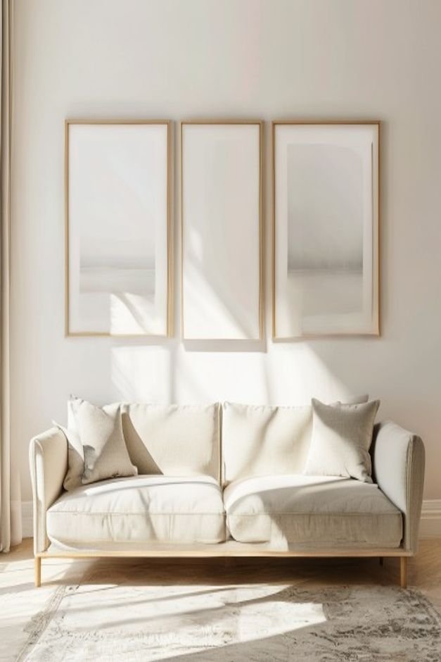 A long light-colored sofa against a spacious light-filled wall Above it two very small identical framed prints are space