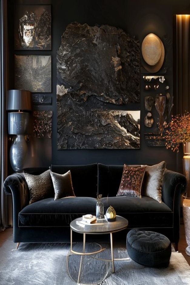 An irregularly arranged collection of wall decor above a dark velvet sofa One side features a heavy dark large piece whi