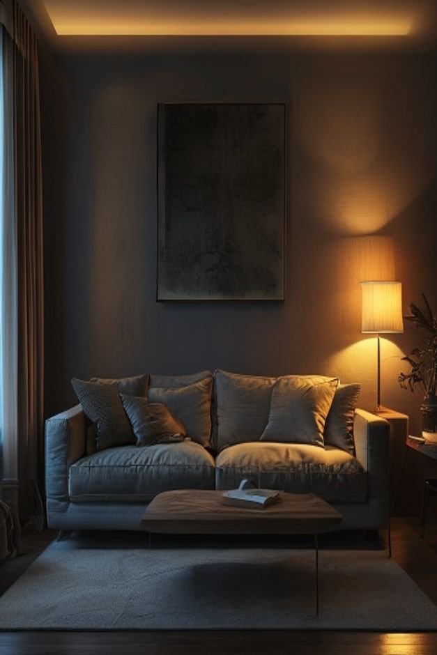 A dimly lit living room with a comfortable sofa Above the sofa a wall art piece is poorly illuminated by a harsh direct