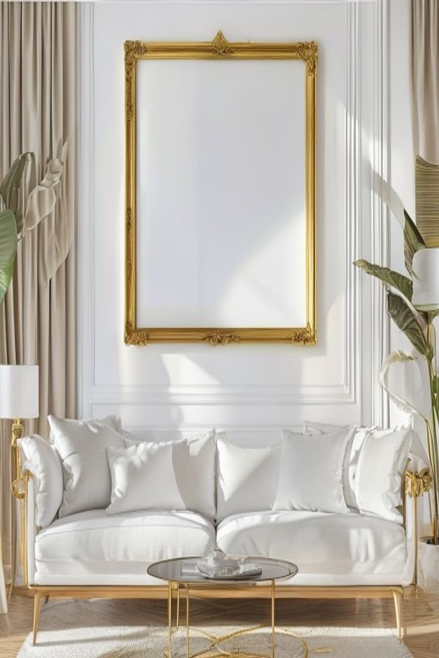 A traditional ornate gold-framed mirror hung directly above a sleek minimalist modern sofa in a bright white living room