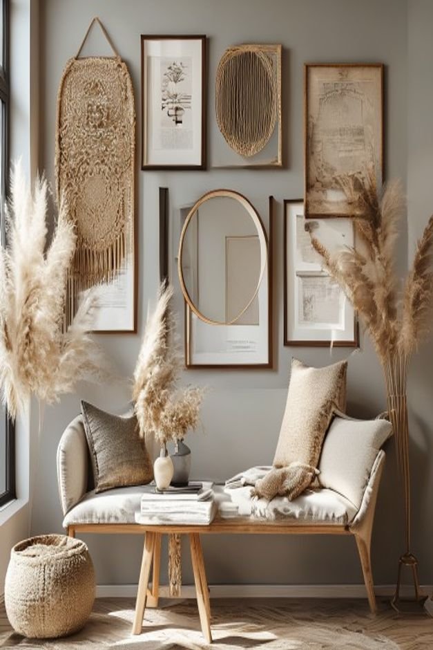 A beautifully arranged gallery wall featuring a mix of framed prints a small round mirror and a textured macrame piece T