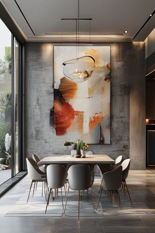 A spacious contemporary dining room with a single very large abstract painting dominating one wall above a sleek dining