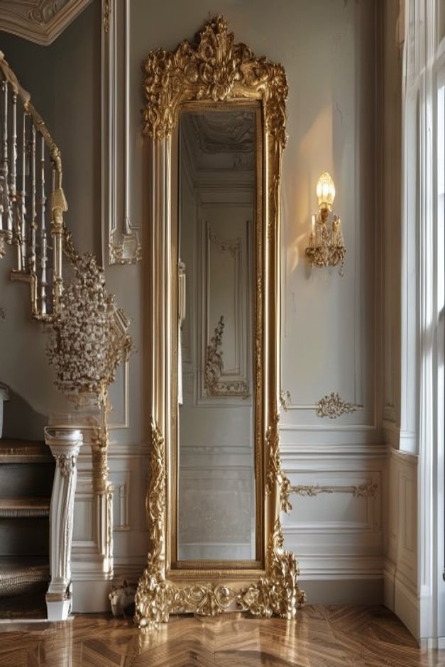 A grand ornate gold-framed mirror leaning against a wall in a chic entryway reflecting a glimpse of an elegant staircase
