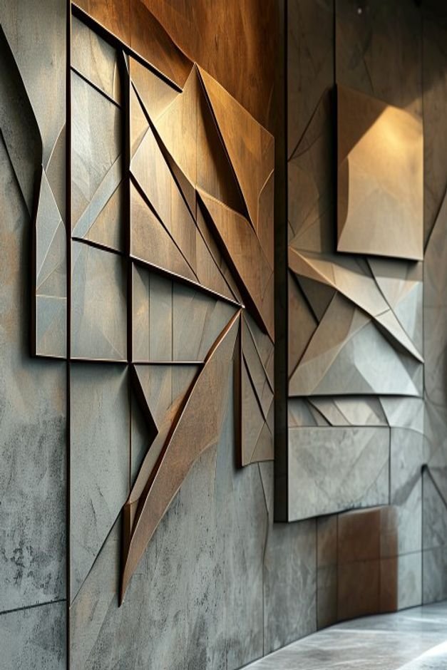A close-up of a wall featuring a collection of three-dimensional art pieces a carved wooden panel a geometric metal scul