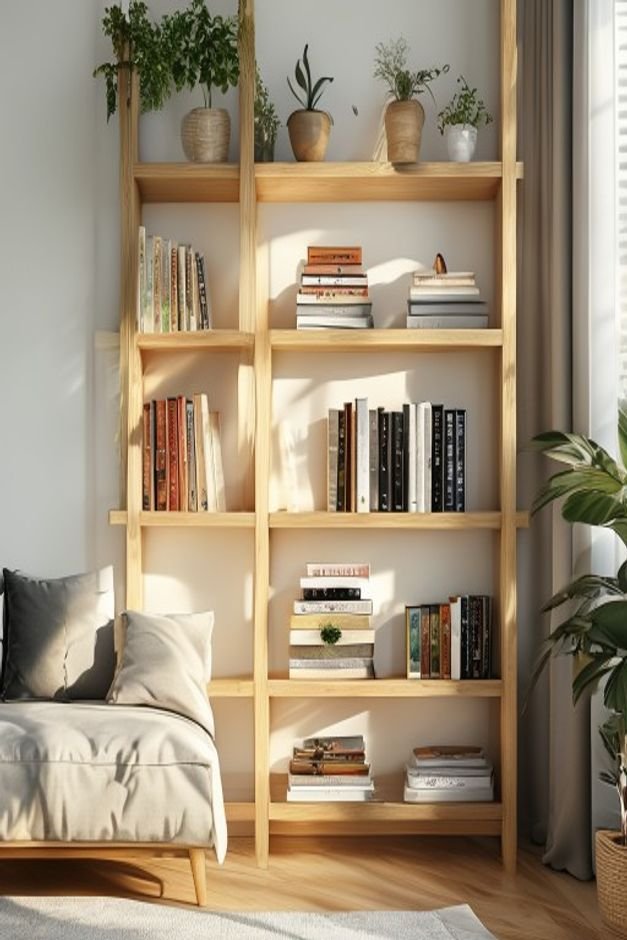 Stylishly arranged open shelving in a bright living room The shelves hold a mix of vertically stacked books small potted