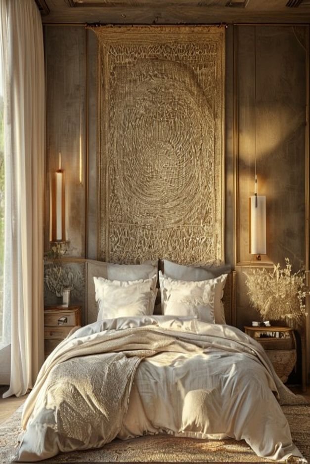 A large intricately woven tapestry hanging elegantly on a bedroom wall above a bed with linen bedding The textile featur