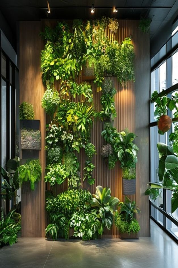 A modern vertical garden installation on an indoor wall featuring a variety of lush green plants in individual wall-moun