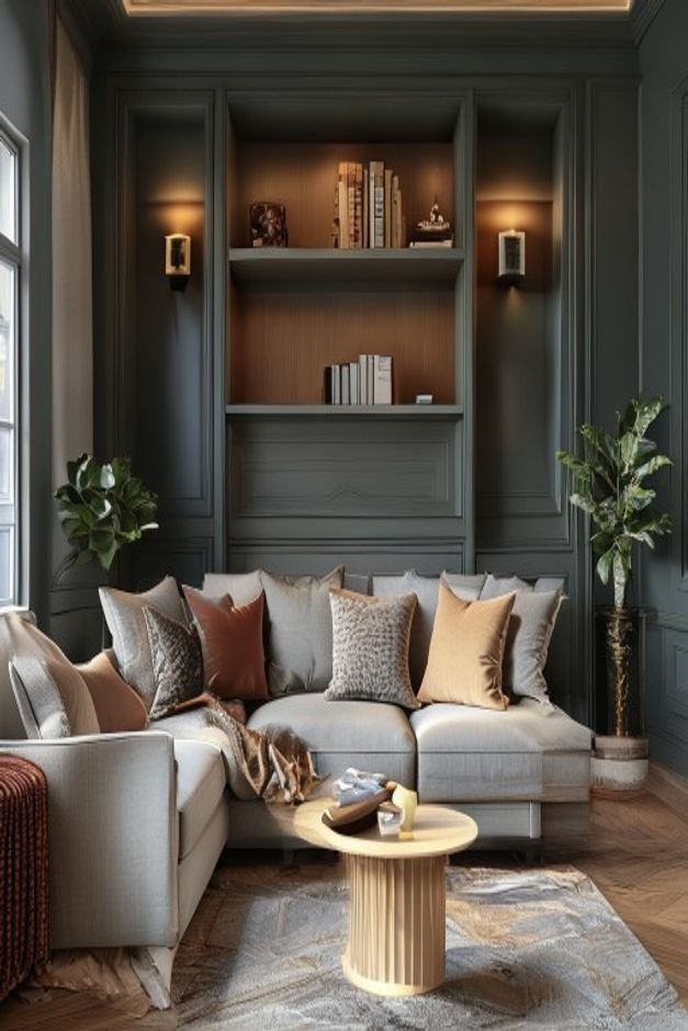 A beautifully styled built-in alcove in a living room painted a slightly darker shade than the surrounding wall The alco