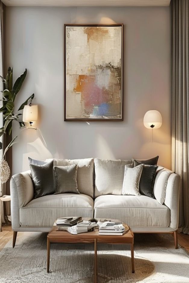 A stylish living room featuring a well-proportioned piece of art hanging above a three-seater sofa The art is approximat