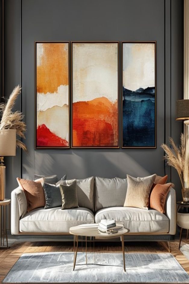 A curated display of three complementary art pieces arranged horizontally above a sofa One larger central piece is flank