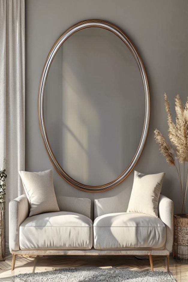 A large round decorative mirror with a thin metal frame positioned centrally above a sofa The mirror reflects a bright w