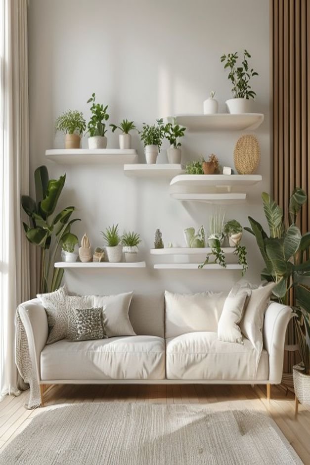 Two sleek white floating shelves installed above a sofa adorned with a mix of small potted plants sculptural objects and