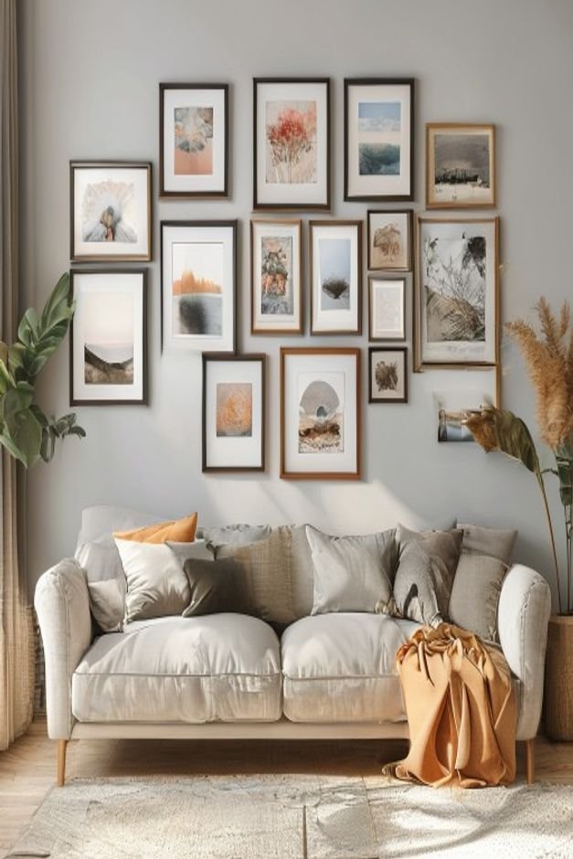 A thoughtfully designed gallery wall above a sofa featuring a mix of framed prints photographs and a small textile piece