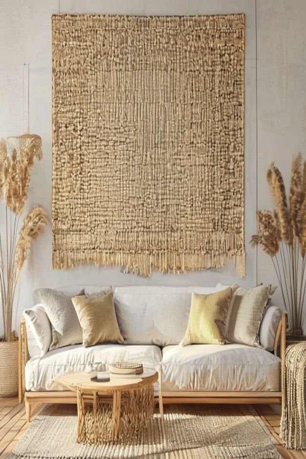A large rectangular woven tapestry or macrame wall hanging centered above a sofa The textile piece introduces texture an