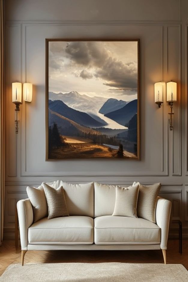 A comfortable sofa with a large framed landscape painting above it Two elegant minimalist wall sconces are mounted on ei