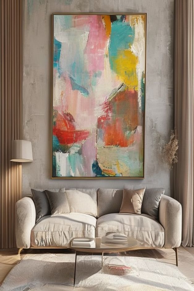 A single oversized abstract painting commanding the space above a sofa The artwork fills the wall with presence and colo