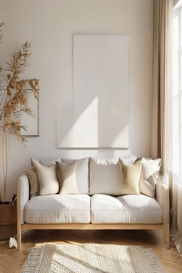 Editorial home photo for Finishing Your Above Sofa Wall Decor, natural light, realistic styling, no text overlay