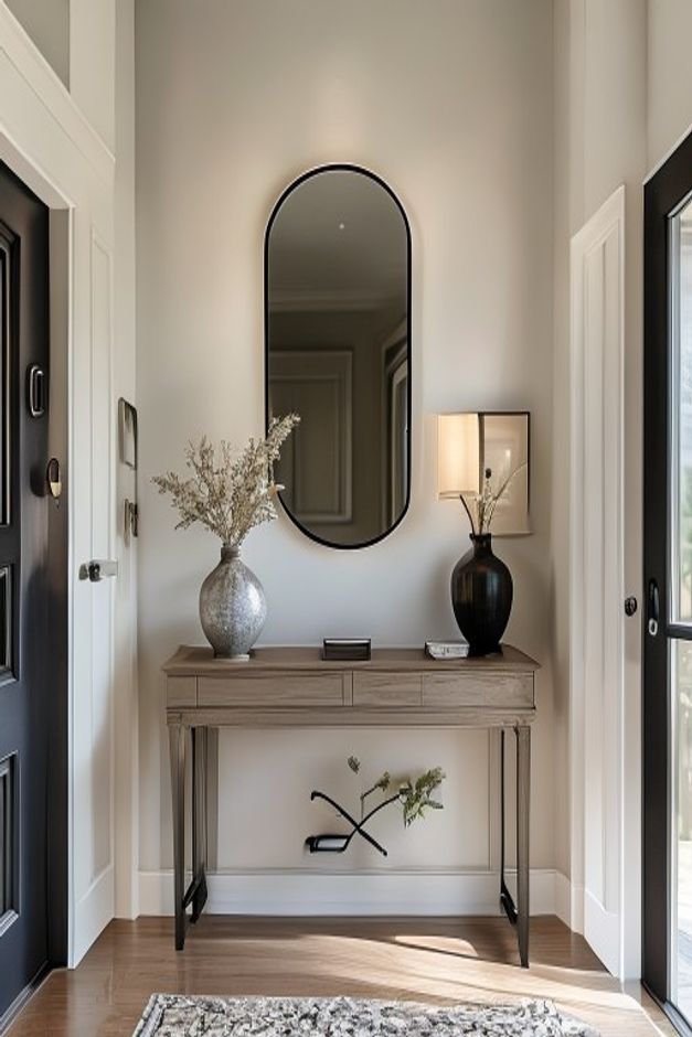 A spacious entryway with a clean-lined console table Above it a perfectly scaled rectangular mirror with a thin black fr