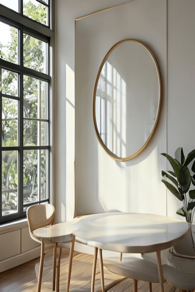 A bright dining room with a large window A round frameless mirror is strategically placed on an adjacent wall reflecting