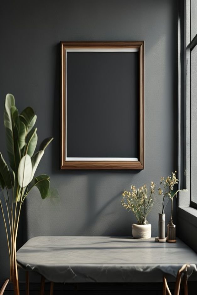 A close-up shot of a small solitary framed picture hanging noticeably too high above a large deep charcoal grey three-se