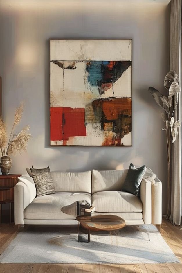 A wide shot of a contemporary living room Above a mid-century modern sofa a large piece of abstract art is hung signific