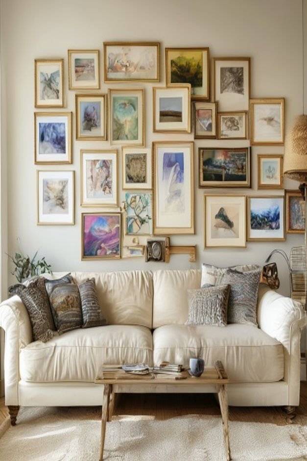 A gallery wall above a classic cream linen sofa displaying a chaotic mix of mismatched frames disparate art styles e g a